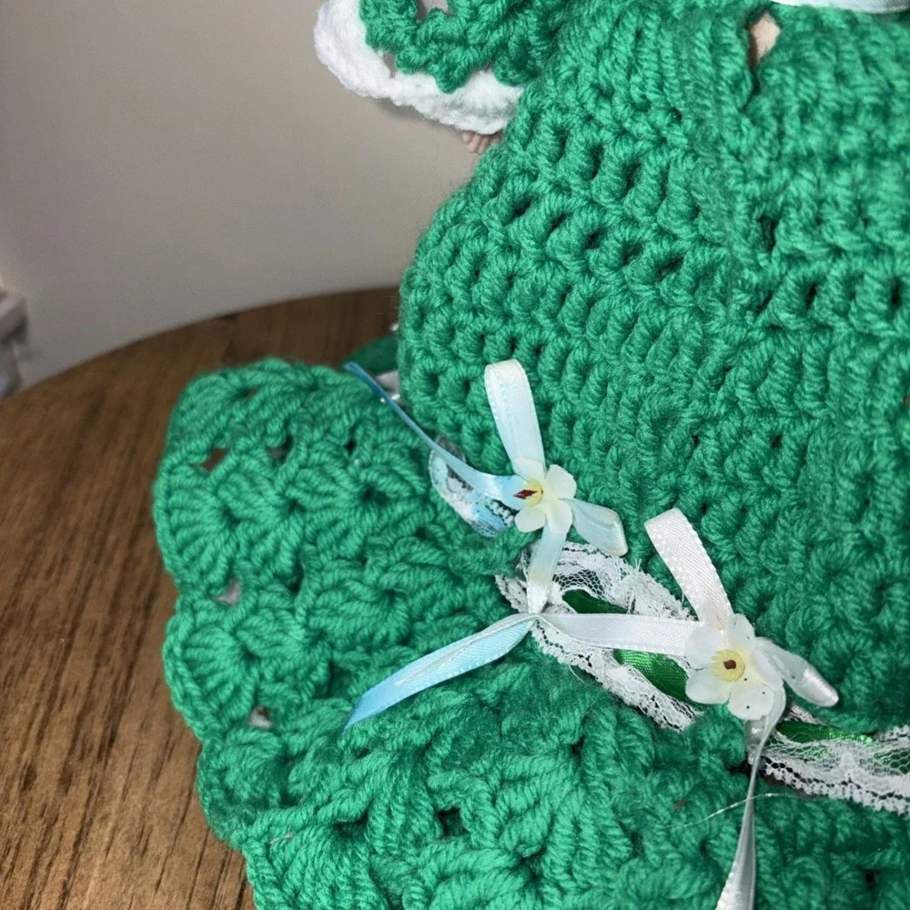 Vintage Crochet Doll Handmade Green Dress
